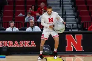 Nebraska Cornhusker guard C.J. Wilcher (0) warms up before taking on the Purdue Boilermakers during a college basketball game on January 9, 2024, in Lincoln, Nebraska. Photo by John S. Peterson.