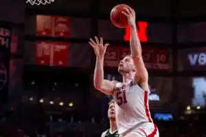 Nebraska Cornhusker forward Rienk Mast (51) makes a lay up against the Purdue Boilermakers in the first half during a college basketball game on January 9, 2024, in Lincoln, Nebraska. Photo by John S. Peterson.