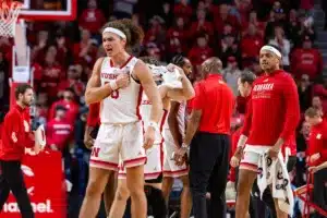 Nebraska Cornhusker forward Josiah Allick (53) celebrates a basket by Gary in the first half against the Purdue Boilermakers during a college basketball game on January 9, 2024, in Lincoln, Nebraska. Photo by John S. Peterson.