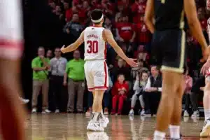 Nebraska Cornhusker guard Keisei Tominaga (30) fires up the crowd after making a three point shot against the Purdue Boilermakers in the first half during a college basketball game on January 9, 2024, in Lincoln, Nebraska. Photo by John S. Peterson.