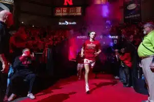 Nebraska Cornhusker forward Josiah Allick (53) runs out to the court to take on the Purdue Boilermakers during a college basketball game on January 9, 2024, in Lincoln, Nebraska. Photo by John S. Peterson.