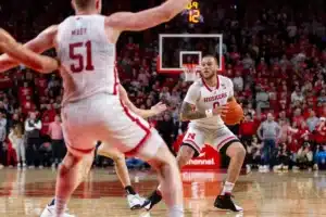 Nebraska Cornhusker guard C.J. Wilcher (0) looks to pass against the Purdue Boilermakers in the first half during a college basketball game on January 9, 2024, in Lincoln, Nebraska. Photo by John S. Peterson.