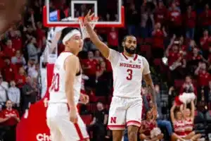 Nebraska Cornhusker guard Brice Williams (3) celebrates a three point shot against the Purdue Boilermakers in the second half during a college basketball game on January 9, 2024, in Lincoln, Nebraska. Photo by John S. Peterson.