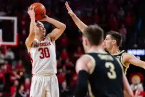 Nebraska Cornhusker guard Keisei Tominaga (30) makes a three point shot against the Purdue Boilermakers in the second half during a college basketball game on January 9, 2024, in Lincoln, Nebraska. Photo by John S. Peterson.