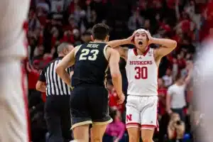 Nebraska Cornhusker guard Keisei Tominaga (30) celebrates a three in the second half against the Purdue Boilermakers during a college basketball game on January 9, 2024, in Lincoln, Nebraska. Photo by John S. Peterson.