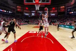 Nebraska Cornhusker forward Rienk Mast (51) makes a lay up against the Purdue Boilermakers during a college basketball game on January 9, 2024, in Lincoln, Nebraska. Photo by John S. Peterson.