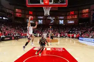 Nebraska Cornhusker guard Sam Hoiberg (1) makes a lay up againt Purdue Boilermaker guard Lance Jones (55) in the first half during a college basketball game on January 9, 2024, in Lincoln Nebraska. Photo by John S. Peterson.