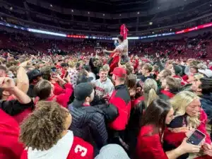 Nebraska Cornhuskers fans celebrates the win over #1 Purdue during a college basketball game, January 9, 2024, in Lincoln, Nebraska. Photo by John S. Peterson.