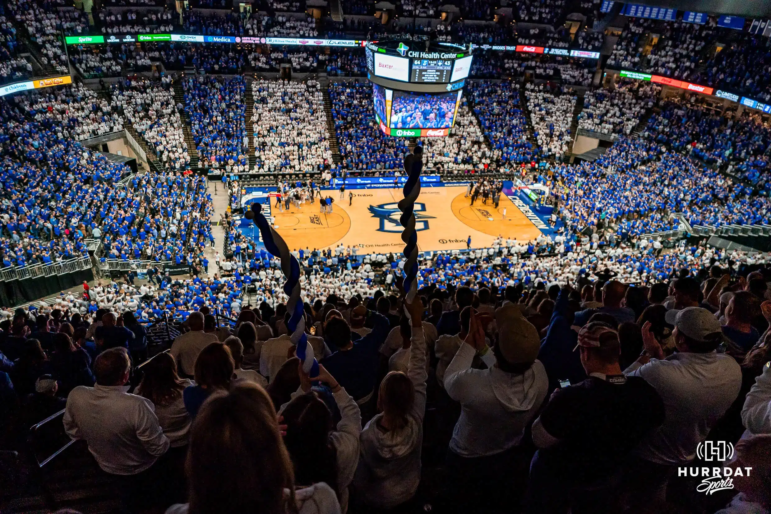 Creighton Bluejays fans during a game against against the Connecticut Huskies at CHI Health Arena in Omaha, NE February 20th 2024. Photo by Eric Francis