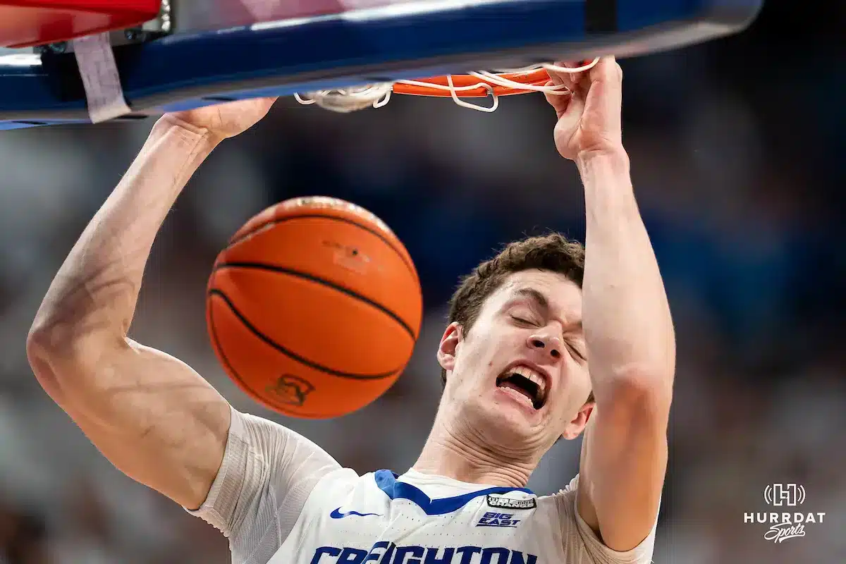 during a game against against the Connecticut Huskies at CHI Health Arena in Omaha, NE February 20th 2024. Photo by Eric Francis