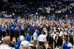 Creighton Bluejays during a game against against the Connecticut Huskies at CHI Health Arena in Omaha, NE February 20th 2024. Photo by Eric Francis