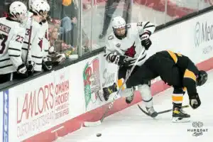 during a game against against the Colorado College at Baxter Arena in Omaha, NE February 23rd 2024. Photo by Eric Francis