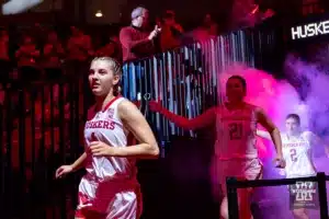 Nebraska Cornhusker guard Jaz Shelley (1) leads the Husker out to take on the Purdue Boilermakers during a college basketball game on Wednesday, January 31, 2024, in Lincoln, Nebraska. Photo by John S. Peterson.