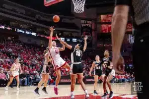 Nebraska Cornhusker center Alexis Markowski (40) makes a lay up against Purdue Boilermaker forward Mila Reynolds (15) in the first half during a college basketball game on Wednesday, January 31, 2024, in Lincoln, Nebraska. Photo by John S. Peterson.