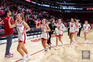 Nebraska Cornhuskers high fiving after the win against the Purdue Boilermakers during a college basketball game on Wednesday, January 31, 2024, in Lincoln, Nebraska. Photo by John S. Peterson.