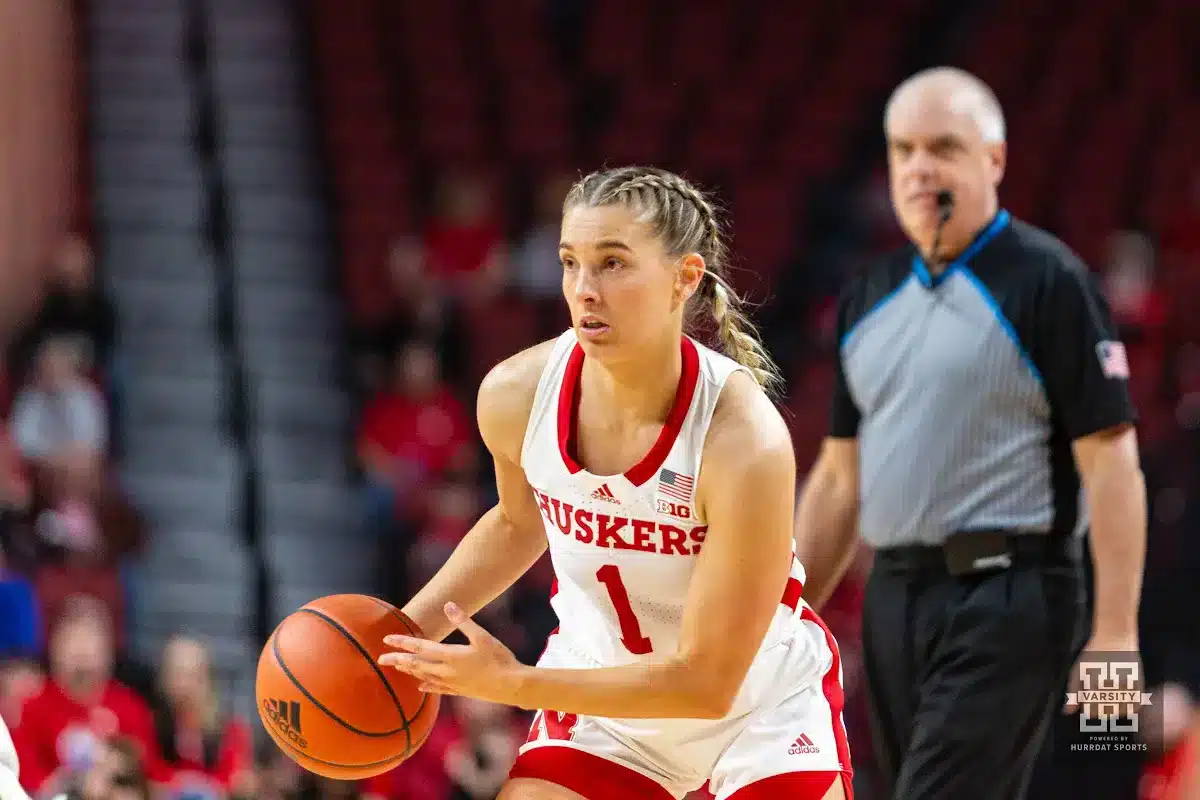 Nebraska Cornhusker guard Jaz Shelley (1) dribbles the ball against the Purdue Boilermakers in the first half during a college basketball game on Wednesday, January 31, 2024, in Lincoln, Nebraska. Photo by John S. Peterson.