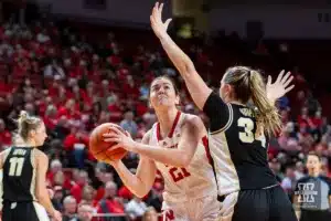 Nebraska Cornhusker forward Annika Stewart (21) takes a shot against Purdue Boilermaker forward Caitlyn Harper (34) in the first half during a college basketball game on Wednesday, January 31, 2024, in Lincoln, Nebraska. Photo by John S. Peterson.