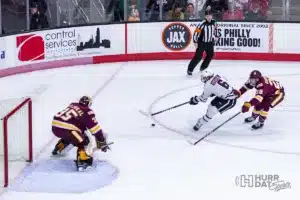 Omaha forward Zach Urdahl (6) takes a shot against Minn. Duluth goaltender Zach Stejskal (35) in the first period during a college hockey match on Friday, February 2, 2024, in Omaha, Nebraska. Photo by John S. Peterson.