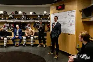 Omaha head coach Mike Gabinet talks to the players after the win over Minn. Duluth during a college hockey match on Friday, February 2, 2024, in Omaha, Nebraska. Photo by John S. Peterson.