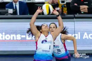 Omaha Supernovas Allison Mayfield (15) runs up as Natalia Valientin-Anderson set the ball against the San Diego Mojo during a professional volleyball match on Saturday, February 3, 2024, in Omaha, Nebraska. Photo by John S. Peterson.