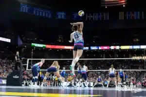 Omaha Supernovas Paige Briggs (13) serves the ball in the first set against the San Diego Mojo during a professional volleyball match on Saturday, February 3, 2024, in Omaha, Nebraska. Photo by John S. Peterson.