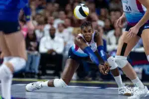 Omaha Supernovas Bethania De La Cruz (18) digs the ball against the San Diego Mojo in the first set during a professional volleyball match on Saturday, February 3, 2024, in Omaha, Nebraska. Photo by John S. Peterson.