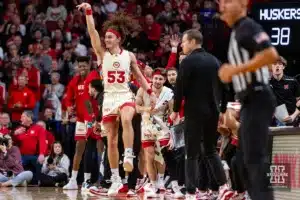 Nebraska Cornhusker forward Josiah Allick (53) celebrates a basket against the Michigan Wolverines in the first half during a college basketball game on Saturday, February 10, 2024, in Lincoln, Nebraska. Photo by John S. Peterson.