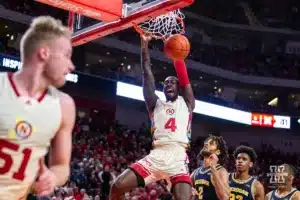 Nebraska Cornhusker forward Juwan Gary (4) makes a dunk in the first half against the Michigan Wolverines during a college basketball game on Saturday, February 10, 2024, in Lincoln, Nebraska. Photo by John S. Peterson.