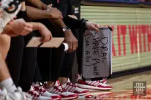 Nebraska Cornhuskers message board against the Michigan Wolverines during a college basketball game on Saturday, February 10, 2024, in Lincoln, Nebraska. Photo by John S. Peterson.