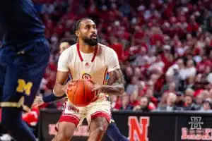 Nebraska Cornhusker guard Brice Williams (3) drives to the basket for a lay up against the Michigan Wolverines in the second half during a college basketball game on Saturday, February 10, 2024, in Lincoln, Nebraska. Photo by John S. Peterson.