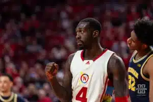 Nebraska Cornhusker forward Juwan Gary (4) gives a fist pump against the Michigan Wolverines in the second half during a college basketball game on Saturday, February 10, 2024, in Lincoln, Nebraska. Photo by John S. Peterson.