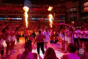 Nebraska Cornhusker guard Kendall Moriarty (15) introduced before taking on the Iowa Hawkeyes during a college basketball game on Sunday, February 11, 2024, in Lincoln, Nebraska. Photo by John S. Peterson.