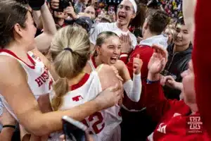 Nebraska Cornhusker guard Jaz Shelley (1) celebrates with the fans the win over the Iowa Hawkeyes during a college basketball game on Sunday, February 11, 2024, in Lincoln, Nebraska. Photo by John S. Peterson.