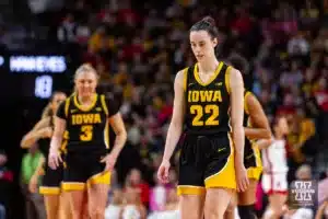 Iowa Hawkeye guard Caitlin Clark (22) reacts after missing a three point shot against the Nebraska Cornhuskers in the second quarter during a college basketball game on Sunday, February 11, 2024, in Lincoln, Nebraska. Photo by John S. Peterson.