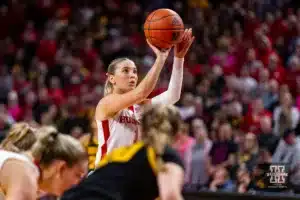 Nebraska Cornhusker guard Jaz Shelley (1) make a free throw against the Iowa Hawkeyes in the fourth quarter during a college basketball game on Sunday, February 11, 2024, in Lincoln, Nebraska. Photo by John S. Peterson.