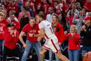 Nebraska Cornhusker guard C.J. Wilcher (0) runs down court after making a three point shot against the Wisconsin Badgers in the second half during a college basketball game on Thursday, February 1, 2024, in Lincoln, Nebraska. Photo by John S. Peterson.