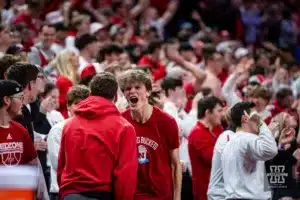 Nebraska Cornhusker fans celebrates a basket against the Wisconsin Badgers in the second half during a college basketball game on Thursday, February 1, 2024, in Lincoln, Nebraska. Photo by John S. Peterson.