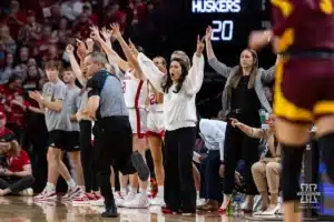 Nebraska Cornhusker head coach celebrates against the Minnesota Golden Gophers in the first half during a college basketball game Saturday, February 24, 2024, in Lincoln, Neb. Photo by John S. Peterson.