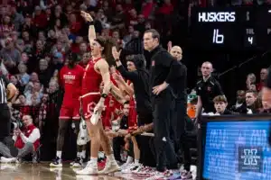 Nebraska Cornhusker forward Josiah Allick (53) celebrates Williams' three in the first half against the Minnesota Golden Gophers during a college basketball game Sunday, February 25, 2024, in Lincoln, Neb. Photo by John S. Peterson.