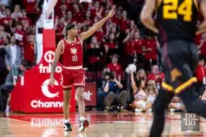 Nebraska Cornhusker guard Jamarques Lawrence (10) celebrates a basket against the Minnesota Golden Gophers in the second half during a college basketball game Sunday, February 25, 2024, in Lincoln, Neb. Photo by John S. Peterson.