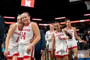 Nebraska Cornhuskers leave the courts during a game against the Purdue Boilermakers at the Target Center in Minneapolis, MN March 7th 2024. Photo by Eric Francis