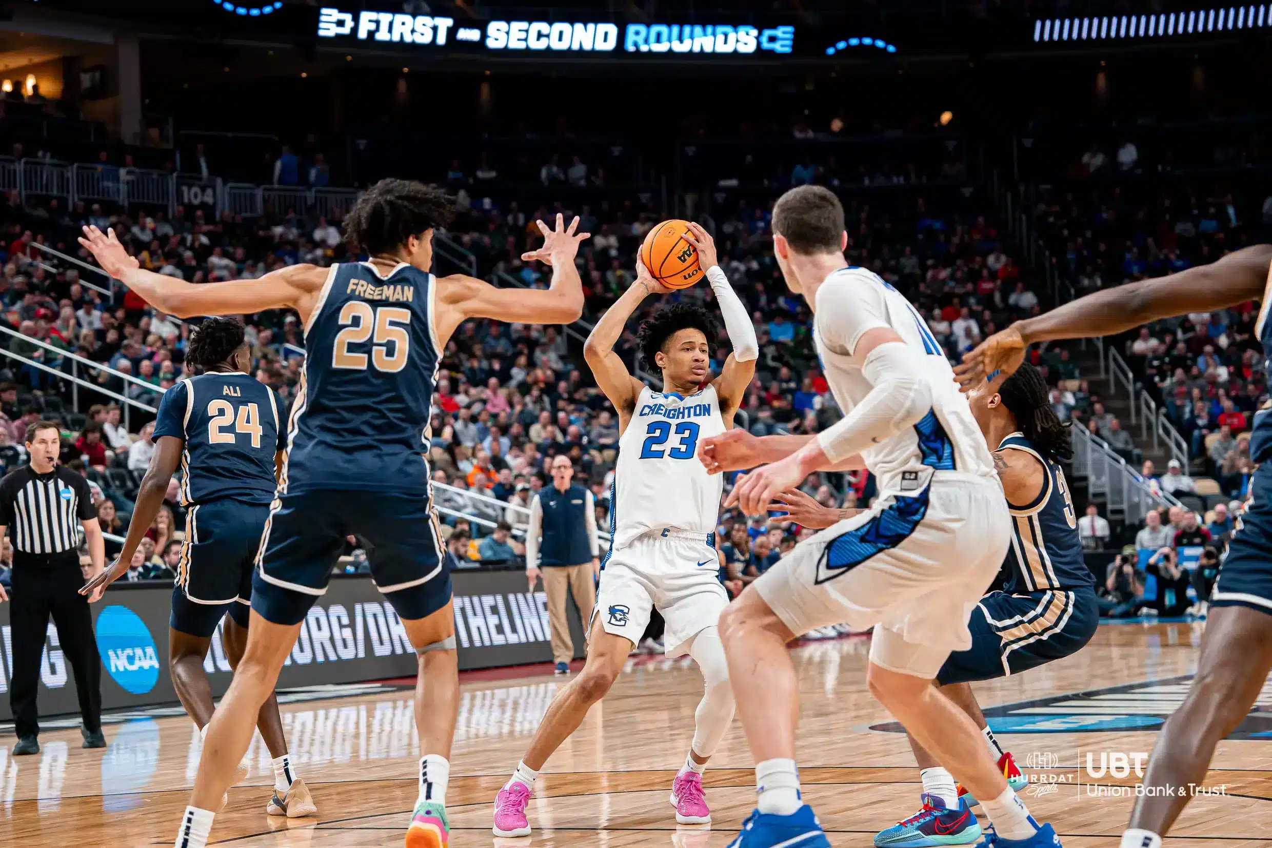 Creighton Bluejays guard Trey Alexander #23 looks to pass the ball during a game against the Akron Zips during the first round of the NCAA Tournament in Pittsburgh, PA March 21st 2024. Photo by Eric Francis