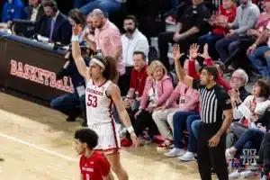 Nebraska Cornhusker forward Josiah Allick (53) celebrates making a three point shot against the Rutgers Scarlet Knights in the second half during a college basketball game Sunday, March 3, 2024, in Lincoln, Neb. Photo by John S. Peterson.