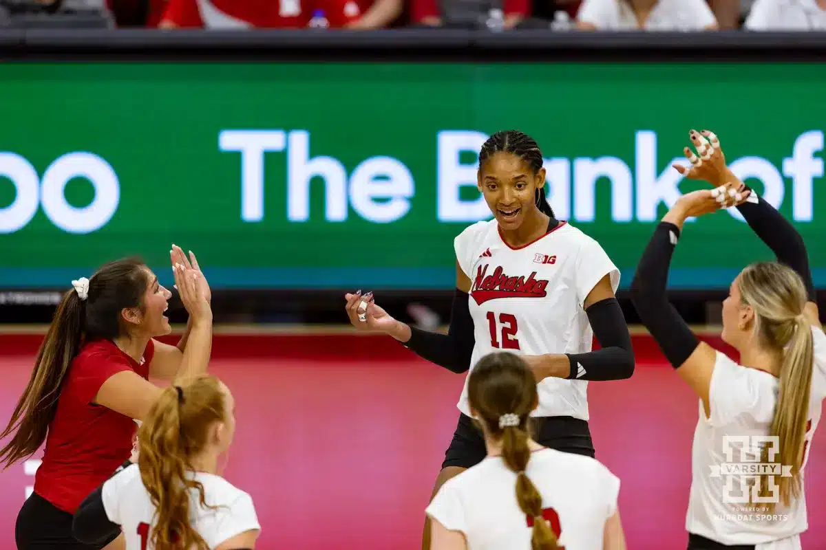 Nebraska Cornhusker Taylor Landfair (12) celebrates a kill against the Texas A&M CC Islanders during the college volleyball game Friday, August 30, 2024, in Lincoln, Nebraska. Photo John S. Peterson.