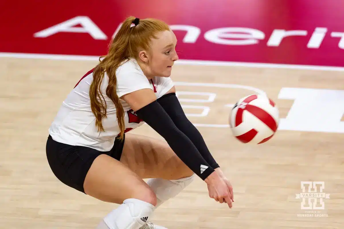 Nebraska Cornhusker Olivia Mauch (10) digs the ball against the Texas A&M CC Islanders during the college volleyball game Friday, August 30, 2024, in Lincoln, Nebraska. Photo John S. Peterson.