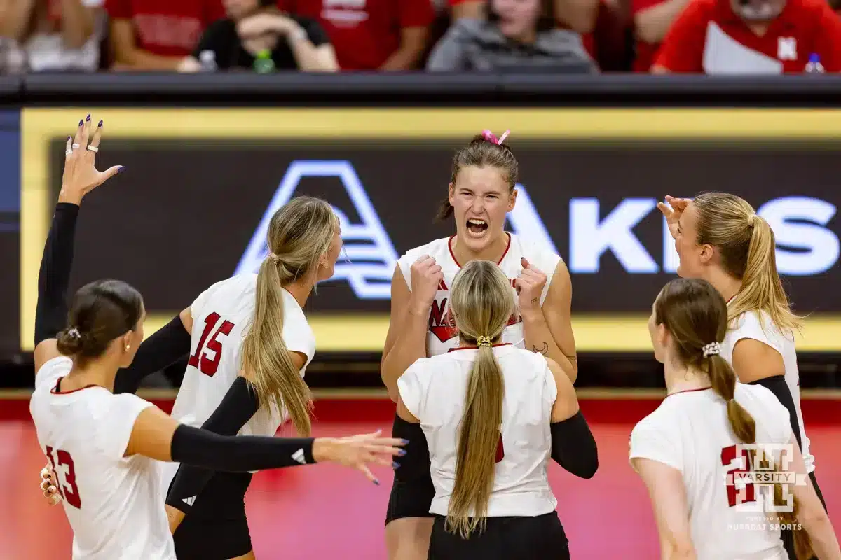 Nebraska Cornhusker Lindsay Krause (22) celebrates a kill against the Texas A&M CC Islanders during the college volleyball game Friday, August 30, 2024, in Lincoln, Nebraska. Photo John S. Peterson.