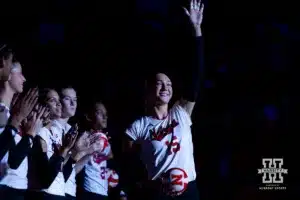 Nebraska Cornhusker Andi Jackson (15) waves to the fans when intrduced before taking on the Stanford Cardinal during a college volleyball match Wednesday, September 18, 2024, in Lincoln, Nebraska. Photo by John S. Peterson.