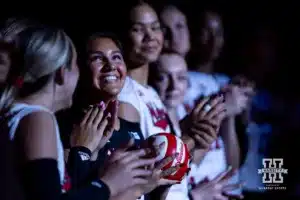 Nebraska Cornhusker Lexi Rodriguez (8) smiles big when introduced before the match against the Stanford Cardinal during a college volleyball match Wednesday, September 18, 2024, in Lincoln, Nebraska. Photo by John S. Peterson.