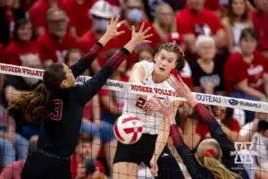 Nebraska Cornhusker Lindsay Krause (22) spikes the ball against Stanford Cardinal in the first set during a college volleyball match Wednesday, September 18, 2024, in Lincoln, Nebraska. Photo by John S. Peterson.