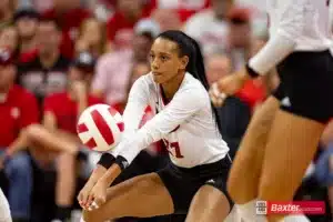 Nebraska Cornhusker Harper Murray (27) digs the ball against the Arizona State Sundevils in the second set during the college volleyball match Friday, September 13, 2024, in Lincoln, Nebraska. Photo John S. Peterson.